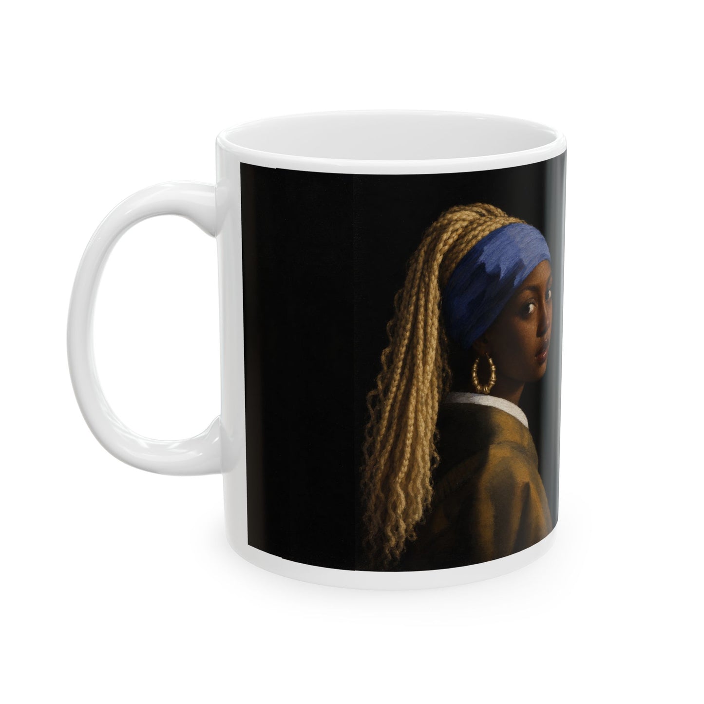Girl with the Bamboo Earring—Artful Ceramic Mug — Girl with a Pearl Earring Inspired Portrait (11oz & 15oz)
