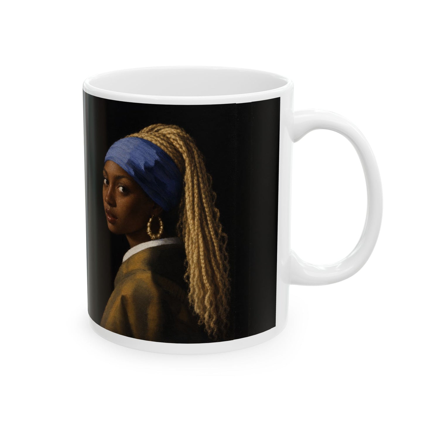 Girl with the Bamboo Earring—Artful Ceramic Mug — Girl with a Pearl Earring Inspired Portrait (11oz & 15oz)