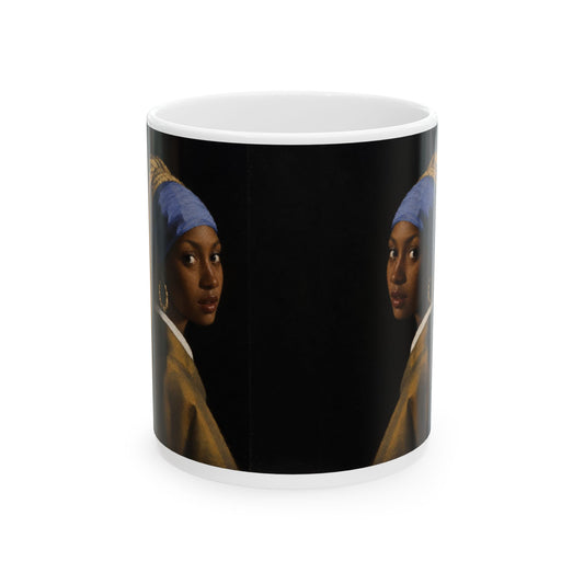 Girl with the Bamboo Earring—Artful Ceramic Mug — Girl with a Pearl Earring Inspired Portrait (11oz & 15oz)